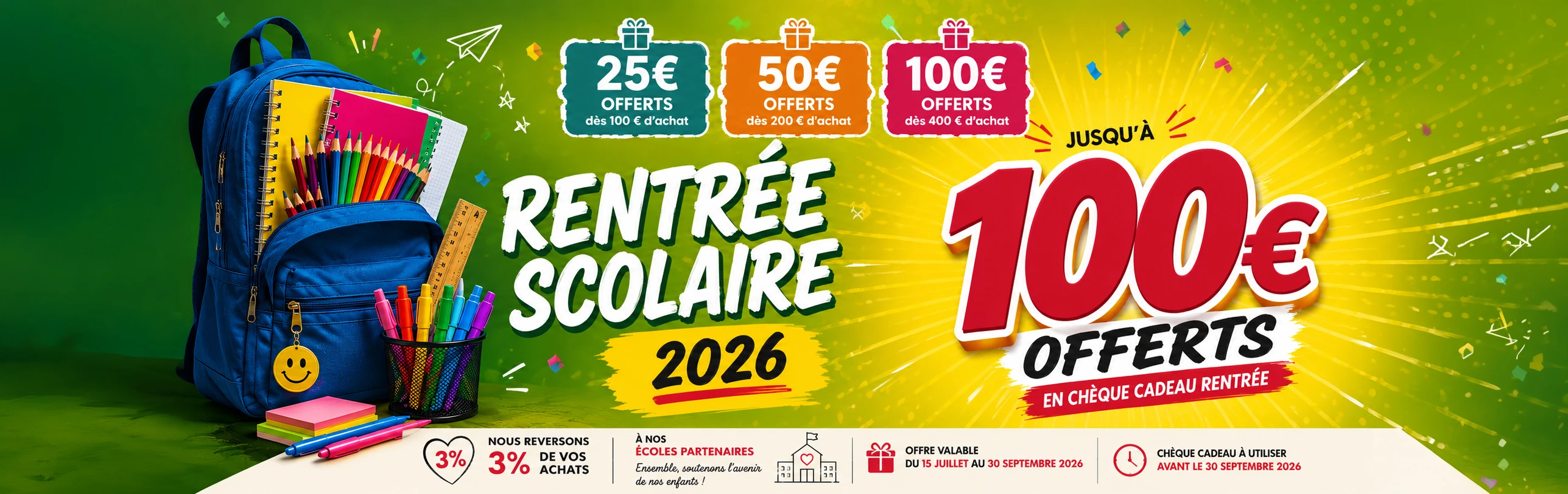Offre rentrée scolaire 2026 – Chèques cadeaux