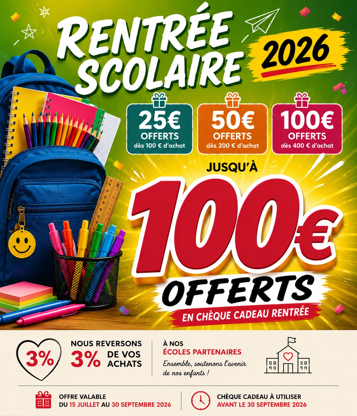 Offre rentrée scolaire 2026 – Chèques cadeaux