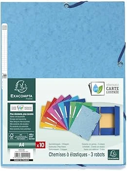 Paquet de 10 chemise 3 rabats à élastique en carte lustrée 5/10ème 400g format 24x32 cm coloris assortis