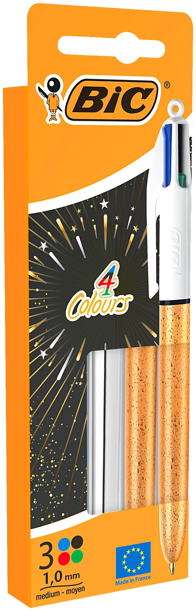 BIC 4 Couleurs Stylos-Bille Pointe Moyenne (1,0 mm) - 1 Corps Métallique Argenté et 2 Texturé Doré Givré, Pack de 3
