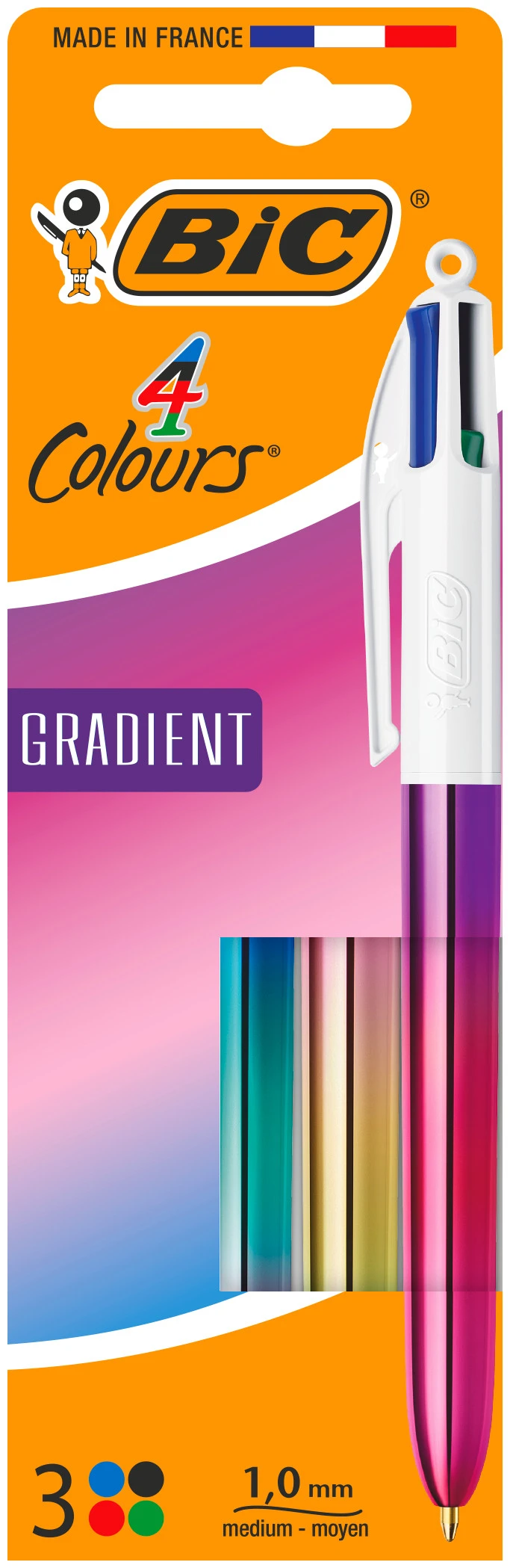 BIC 4 Couleurs corps métallique irisé_ Stylos-Bille Rétractables Pointe Moyenne (1,0 mm) - 3 couleurs assorties - Coffret x 3