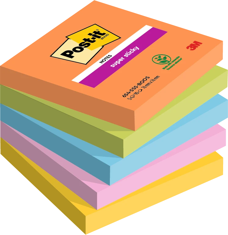 Notes Post-it® Super Sticky, Couleurs Boost, 76 mm x 76 mm, 90 feuilles/bloc, 5 blocs/paquet