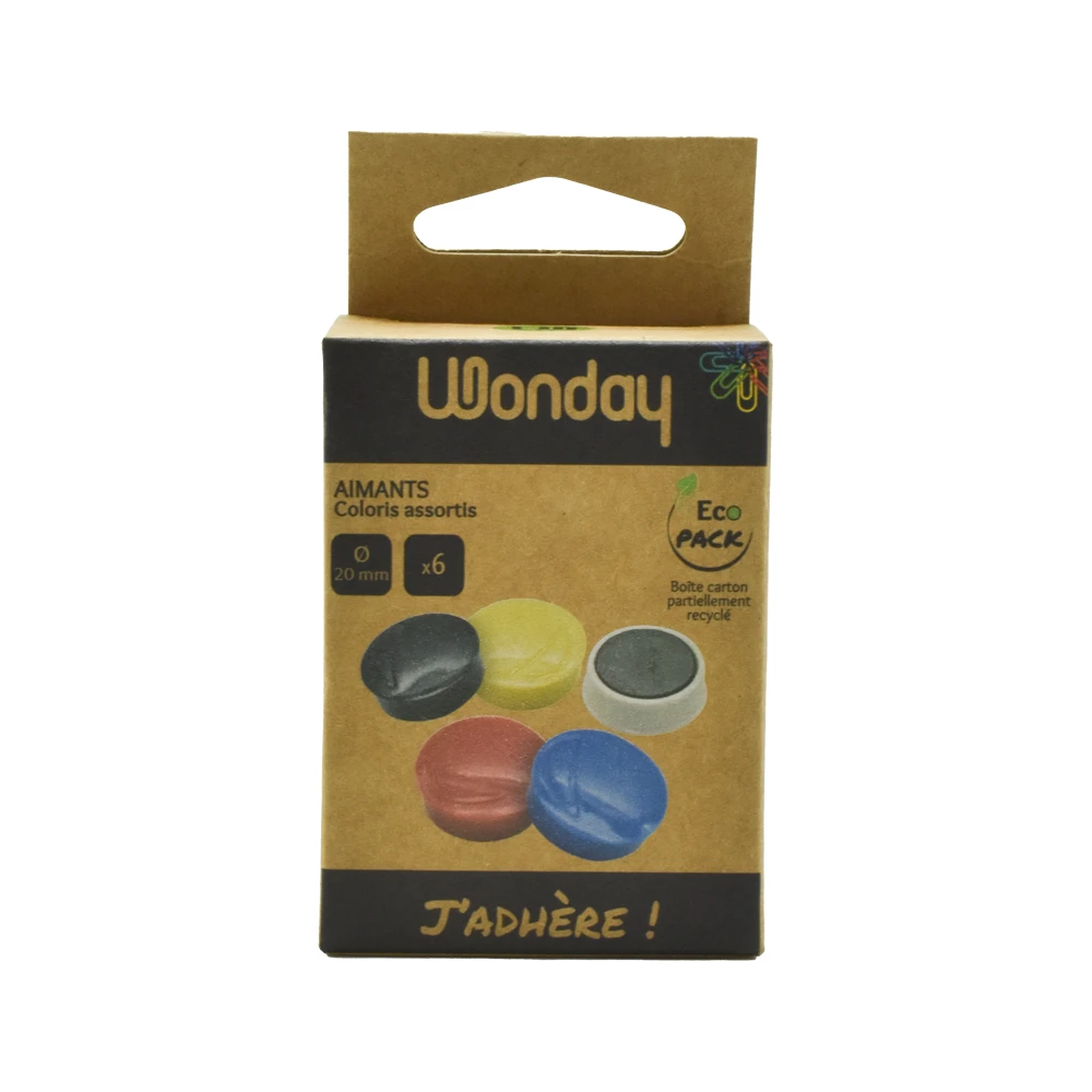 BOITE KRAFT FSC MIX DE 6 AIMANTS RONDS Ø 20 MM COLORIS ASSORTIS