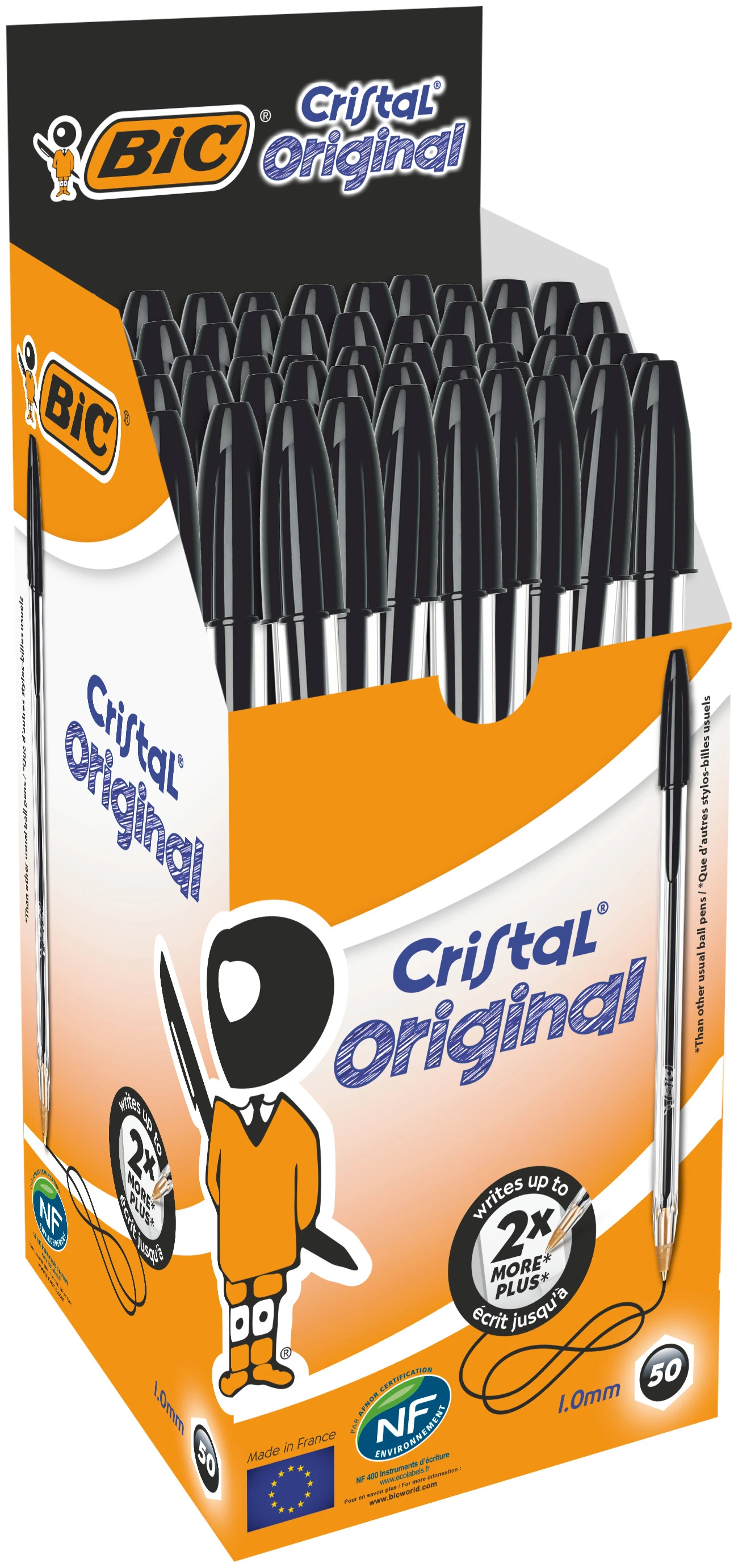 BIC Cristal Original Stylos-Bille Pointe Moyenne (1,0 mm) - Noir, Boîte de 50