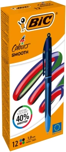 Stylo-Bille rechargeable & rétractable, pointe moyenne (1,0 mm) BIC 4 Couleurs Smooth Pro : corps bicolore: bleu foncé et bleu clair - encre ultra douce -(*rechargeable en noir & bleu) - Boite x12