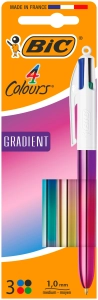 BIC 4 Couleurs corps métallique irisé_ Stylos-Bille Rétractables Pointe Moyenne (1,0 mm) - 3 couleurs assorties - Coffret x 3