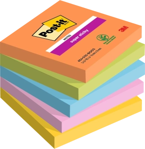Notes Post-it® Super Sticky, Couleurs Boost, 76 mm x 76 mm, 90 feuilles/bloc, 5 blocs/paquet