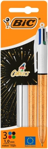 BIC 4 Couleurs Stylos-Bille Pointe Moyenne (1,0 mm) - 1 Corps Métallique Argenté et 2 Texturé Doré Givré, Pack de 3