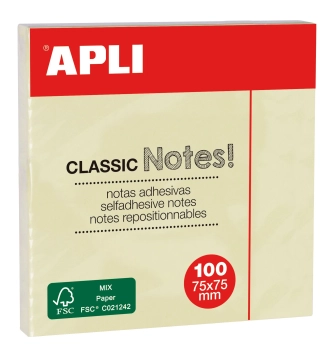 Bloc de 100 notes adhésives repositionnables 75x75mm Jaune